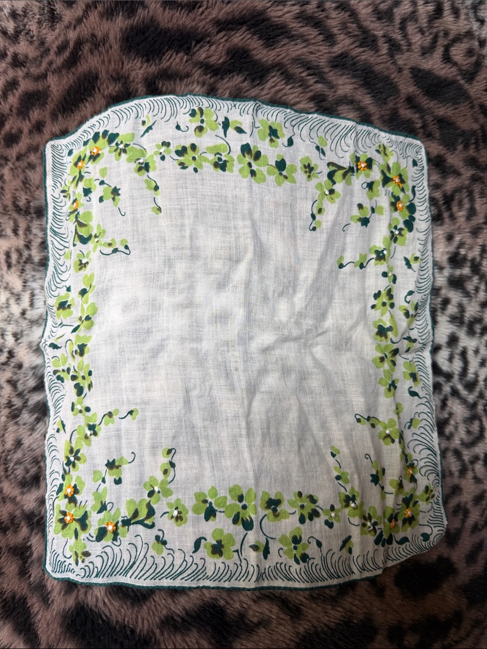 Floral Vintage Ireland Handkerchief — Green Floral Border on White w embroidery